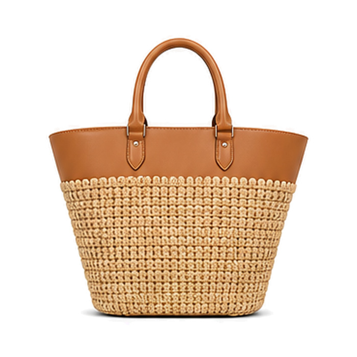 Raffia Rim Tote, crochet and woven bag — front view, concept design by SOCCI Handbags