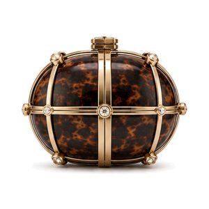 Tortoise Cage Clutch, evening bag — front view, concept design by SOCCI Handbags